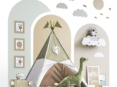 Kids Green White Teepee Tent With Leaf Pattern Dinosaur Toy And Cloud Decorations 3d model