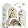 Kids Green White Teepee Tent With Leaf Pattern Dinosaur Toy And Cloud Decorations 3d model