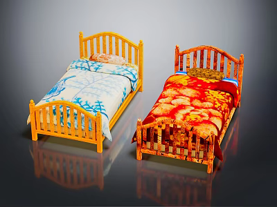 Wooden Frame Single Beds with Blue Red Patterned Quilts and Pillows 3d model