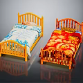 Wooden Frame Single Beds with Blue Red Patterned Quilts and Pillows 3d model