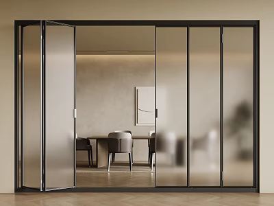 Sleek Modern Glass Folding Doors With Black Frame In Dining Room Interior 3d model