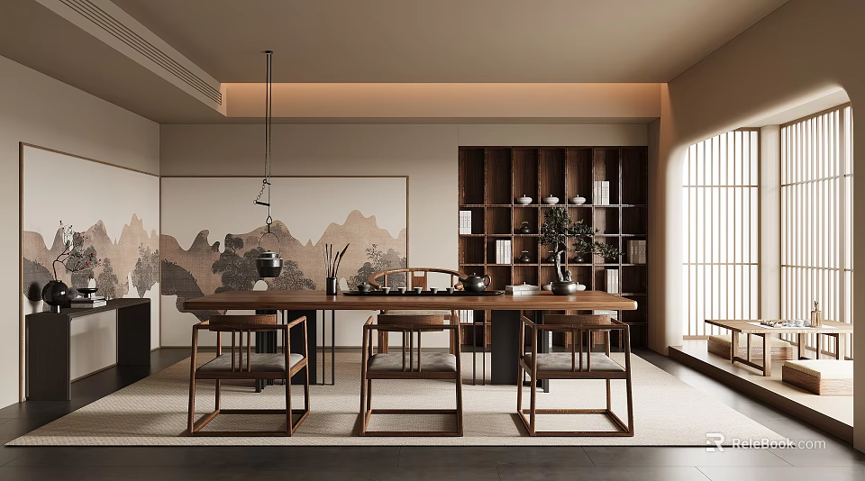 Traditional Tea Room Interior Design With Wooden Table Chairs Tea Sets And Landscape Painting 3d model 