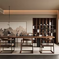 Traditional Tea Room Interior Design With Wooden Table Chairs Tea Sets And Landscape Painting