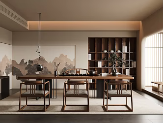 New Chinese Style Tea Room Solid Wood Tea Table and Chair Combination Doorway Cabinet Decorative Cabinet Screen Tea Tray Tea Set Tea Set Tea Supplies Bay Window Tea Table Tatami Vase Potted Plant 3d model