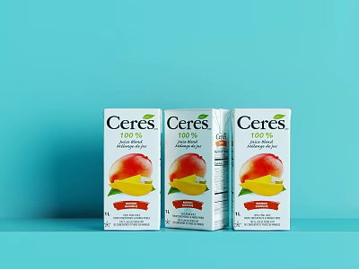 Ceres Mango Fruit Juice Boxes On Light Blue Background With Fresh Mango Design 3d model