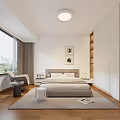 Modern Bedroom Interior With Cozy Bed Wooden Floor Large Window Curtains And Round Ceiling Light