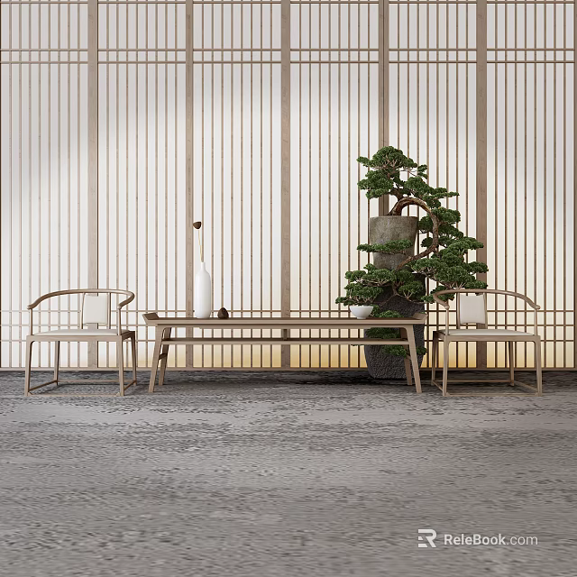 Elegant Wooden Lounge Chair Interior With Slatted Wall Green Plant And Coffee Table 3d model 
