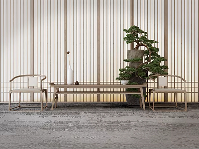 Elegant Wooden Lounge Chair Interior With Slatted Wall Green Plant And Coffee Table 3d model