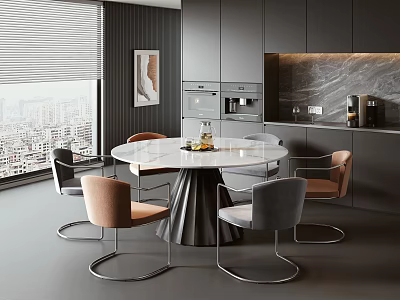 Modern Restaurant Interior With Round Dining Table Chairs Large Window City View 3d model