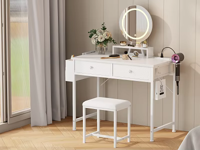Modern White Dressing Table With Illuminated Mirror Stool Cosmetics Flowers And Hair Dryer 3d model