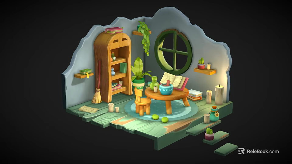 Cartoon Scene With Wooden Bookshelf Green Plants Round Window Small Table Broom Candles And Steps 3d model 