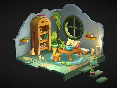 Cartoon Scene With Wooden Bookshelf Green Plants Round Window Small Table Broom Candles And Steps 3d model