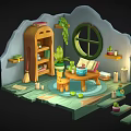 Cartoon Scene With Wooden Bookshelf Green Plants Round Window Small Table Broom Candles And Steps