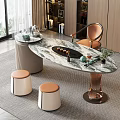 Modern Elegant Tea Table And Chairs With Round Marble Tabletop Metal Base And Stools 3d model