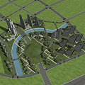 Modern Office Buildings Complex Featuring River Green Spaces And Urban Design