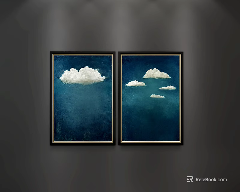 Two Abstract Paintings With Blue Background White Clouds And Black Frames On Dark Wall 3d model