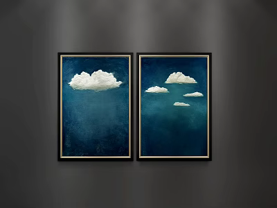 Two Abstract Paintings With Blue Background White Clouds And Black Frames On Dark Wall 3d model