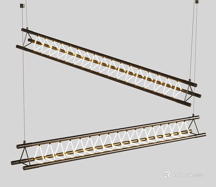 Modern Linear Pendant Lights with Metal Truss Frame and Warm Glow for Contemporary Interior 3d model 