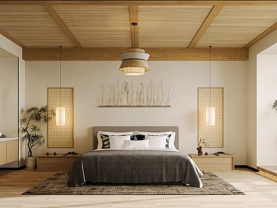 Hotel Room Interior Featuring Wooden Ceiling Pendant Light Wall Decor Bedside Tables Rug And Plant 3d model