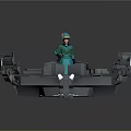 Woman in Green Dress and Hat Standing Beside Futuristic Mechanical Structure with Blue Lights
