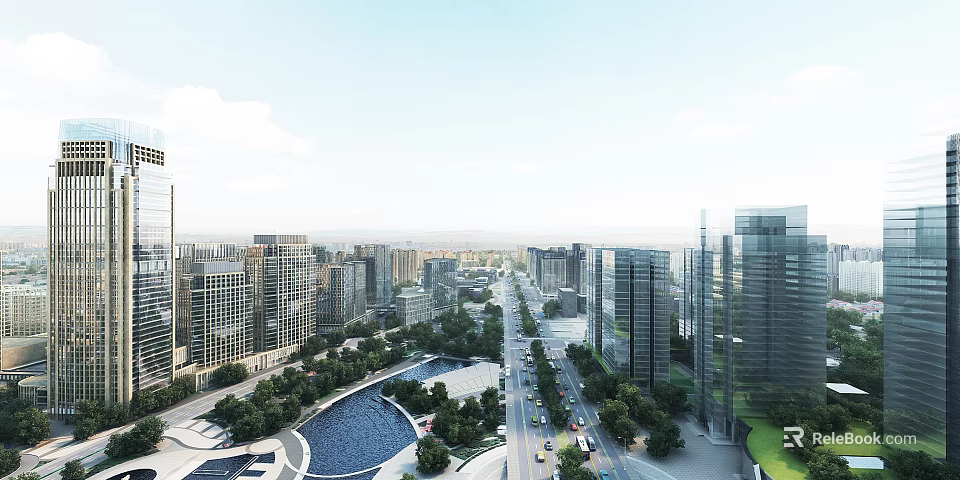 Modern City View With High Rise Buildings Roads River And Greenery 3d model 