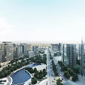 Modern City View With High Rise Buildings Roads River And Greenery