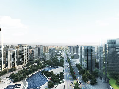 Modern City View With High Rise Buildings Roads River And Greenery 3d model