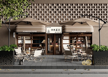 Outdoor Commercial Outside Swing Coffee Shop Outside Swing Outdoor Table and Chair Sunshade Umbrella Flower Box 3d model