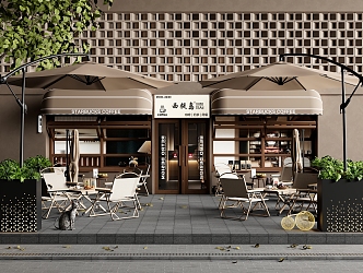 Outdoor Commercial Outside Swing Coffee Shop Outside Swing Outdoor Table and Chair Sunshade Umbrella Flower Box 3d model