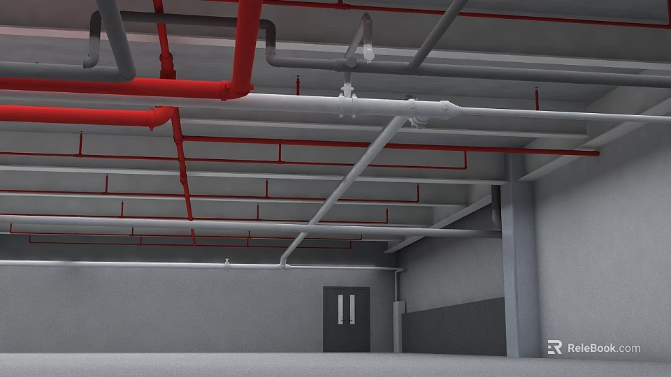 Industrial Ceiling Structure With Red Gray And White Pipes And Supports 3d model 
