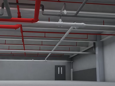 Industrial Ceiling Structure With Red Gray And White Pipes And Supports 3d model