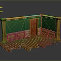Interior Scene With Green Patterned Wall Wooden Trim Door And Wooden Floor