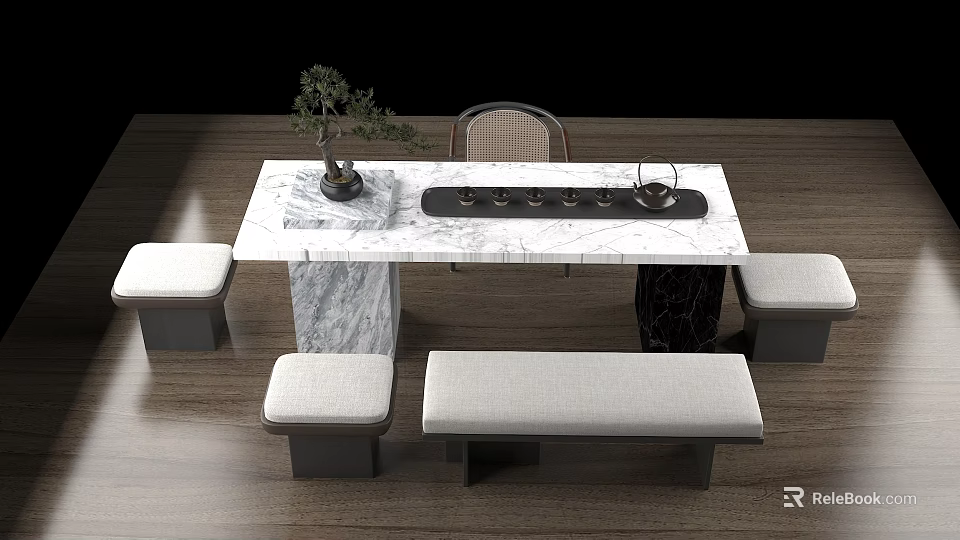 Modern Marble Top Tea Table Interior Design With Stools Benches Bonsai And Tea Set 3d model