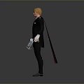 3D Humanoid Character With Blonde Hair Black Suit Red Cape White Gloves And Holding Device