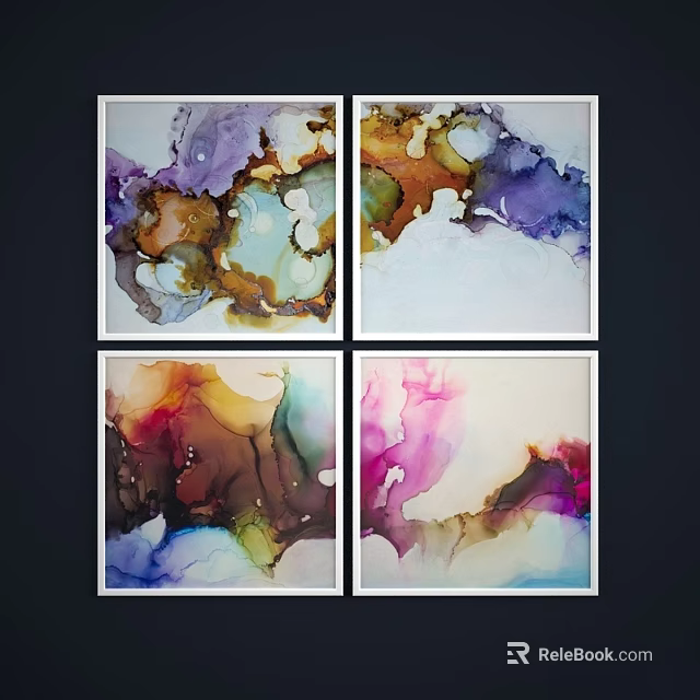 Four Framed Abstract Ink Paintings With Colorful Purple Orange Green Pink Hues On Dark Background 3d model 