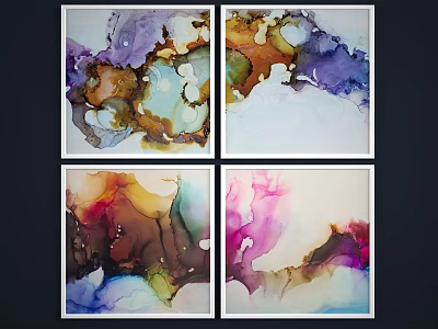 Four Framed Abstract Ink Paintings With Colorful Purple Orange Green Pink Hues On Dark Background 3d model