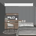 Tatami Bedroom Interior with Gray Walls Cabinets Desk White Chair Round Rug and Window Blinds