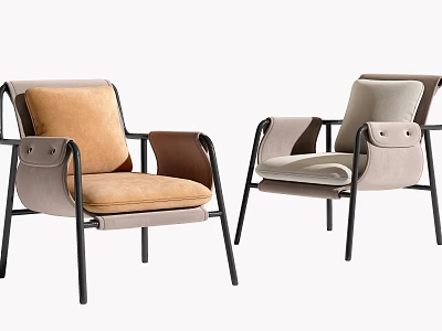 Modern Leisure Chairs With Brown Beige Fabric Upholstery And Black Metal Frame 3d model