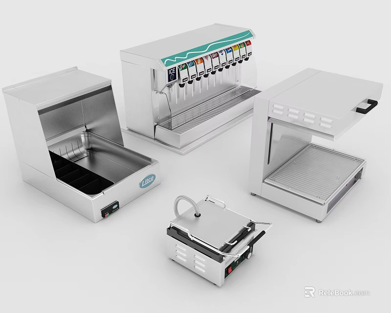 Different Stainless Steel Kitchen Appliances Including Fryer Dispenser Grill And Press 3d model 