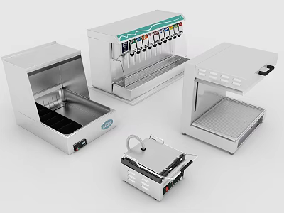 Different Stainless Steel Kitchen Appliances Including Fryer Dispenser Grill And Press 3d model