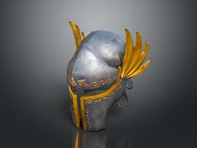 Ancient Battle Helmet Featuring Silver Body Golden Feathered Sides Carved Patterns And Chainmail Chin 3d model