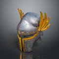 Ancient Battle Helmet Featuring Silver Body Golden Feathered Sides Carved Patterns And Chainmail Chin