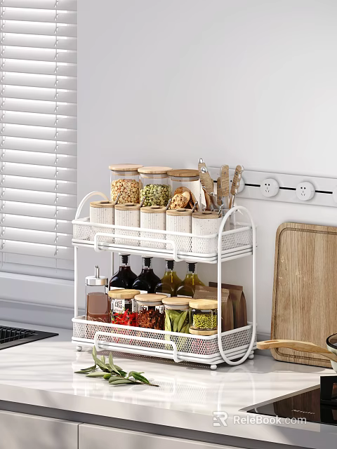 Organized Glass Spice Jars on Two Tiered White Rack in Kitchen with Olive Oil Bottles 3d model 