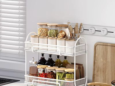 Organized Glass Spice Jars on Two Tiered White Rack in Kitchen with Olive Oil Bottles 3d model