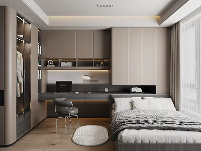 Modern Tatami Bedroom Interior With Built in Cabinet Desk Chair Window And Round Rug 3d model