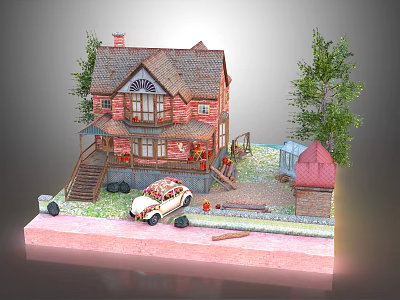 Detached Villa with Red Brick Walls Brown Roof Chimney Vintage Car on Lawn and Trees 3d model