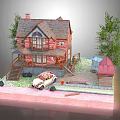 Detached Villa with Red Brick Walls Brown Roof Chimney Vintage Car on Lawn and Trees