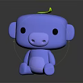 Blue Cartoon Monkey Toy with Green Leaf on Head Sitting on Black Surface with Reflection