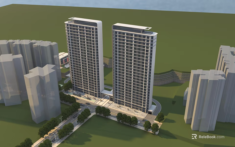Aerial Planning of Urban High Rise Towers With Surrounding Buildings Roads and Greenery 3d model 