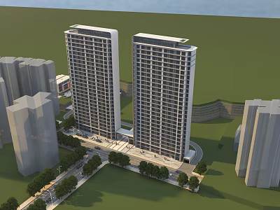 Aerial Planning of Urban High Rise Towers With Surrounding Buildings Roads and Greenery 3d model